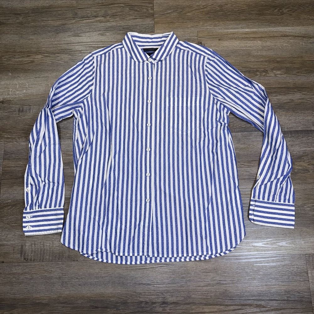 J. Crew "Boy" Fit Striped Shirt Womens 10 Blue White Pattern w/Dotted Swiss Text